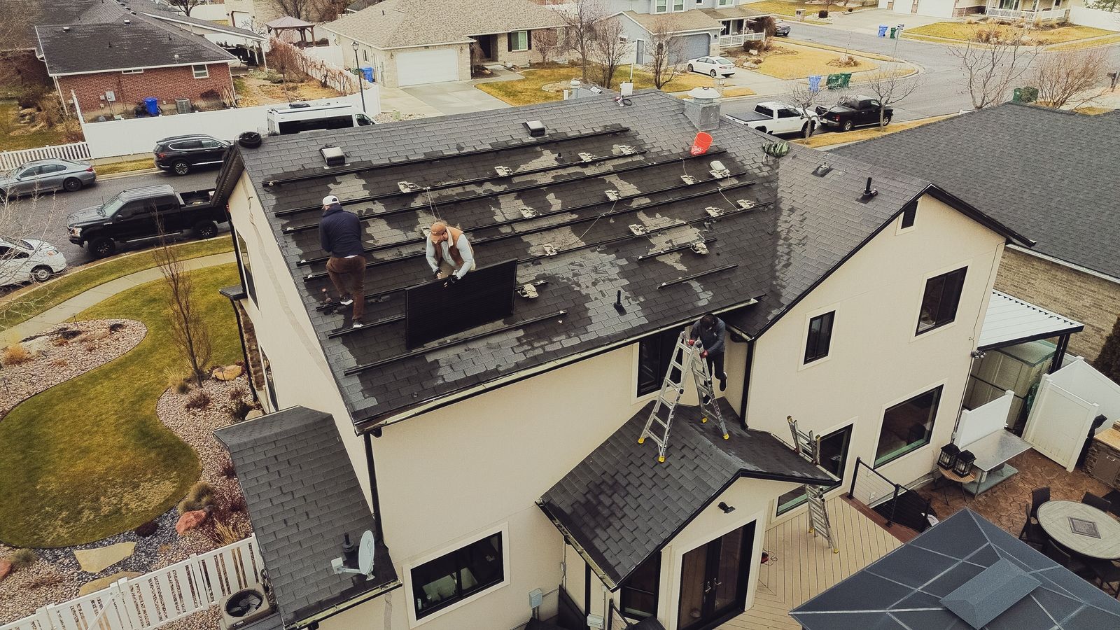 Aerial view of a Utah roof replacement with the solar array removed